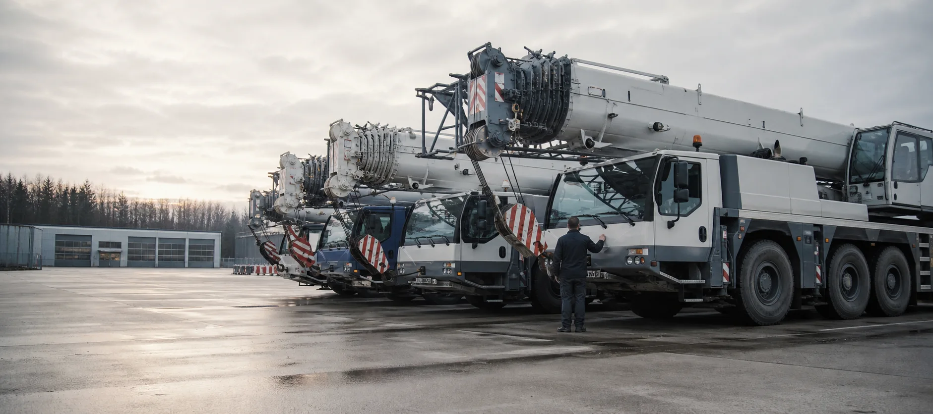Used crane fleet lined up in an industrial dealer yard